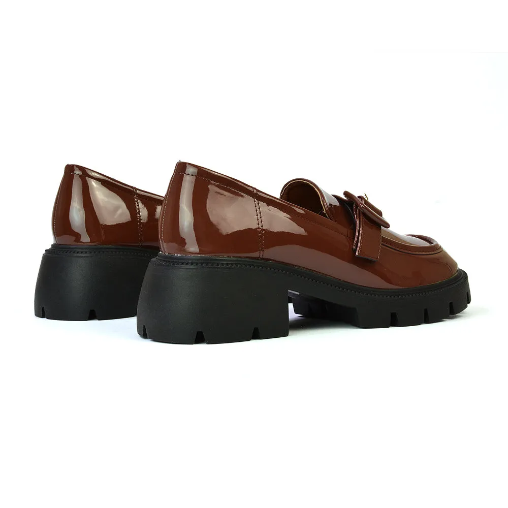 Adelaide School Shoes Buckle Chunky Platform Block Heel Loafers in Black Synthetic Leather