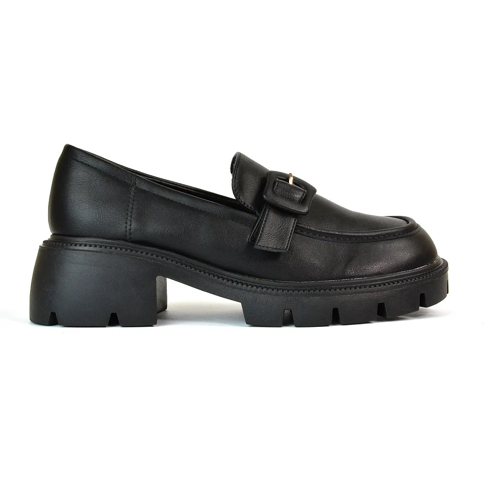 Adelaide School Shoes Buckle Chunky Platform Block Heel Loafers in Black Synthetic Leather