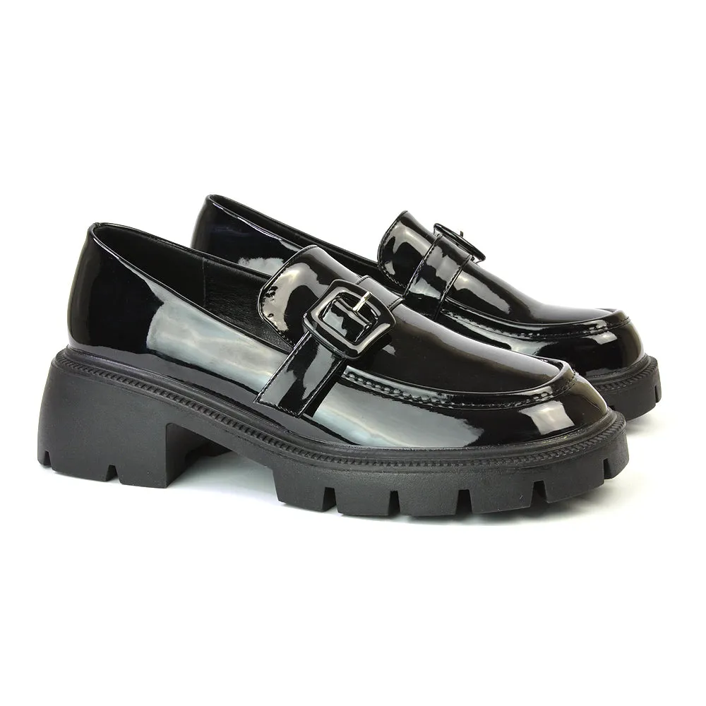 Adelaide School Shoes Buckle Chunky Platform Block Heel Loafers in Black Synthetic Leather