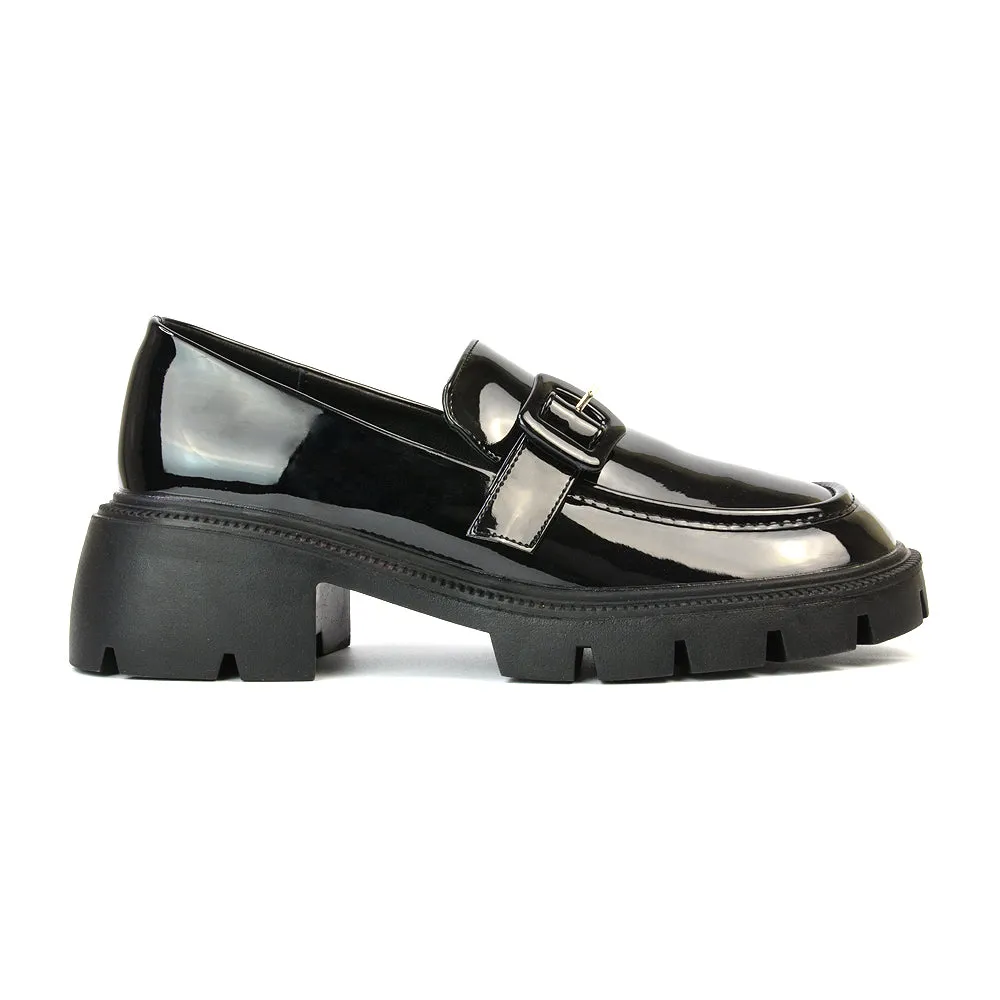 Adelaide School Shoes Buckle Chunky Platform Block Heel Loafers in Black Synthetic Leather