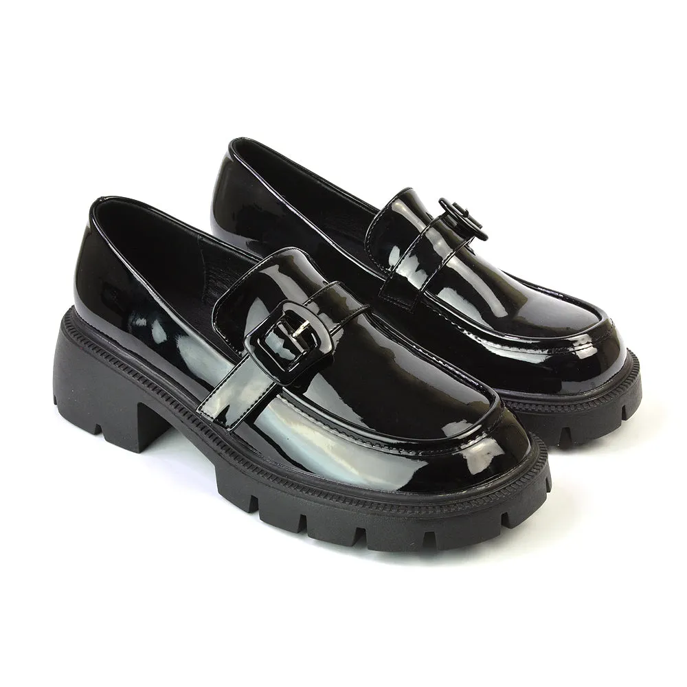 Adelaide School Shoes Buckle Chunky Platform Block Heel Loafers in Black Synthetic Leather