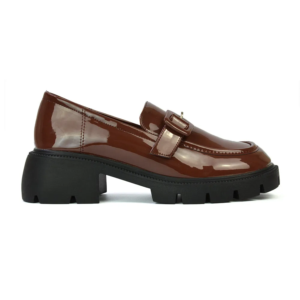 Adelaide School Shoes Buckle Chunky Platform Block Heel Loafers in Black Synthetic Leather