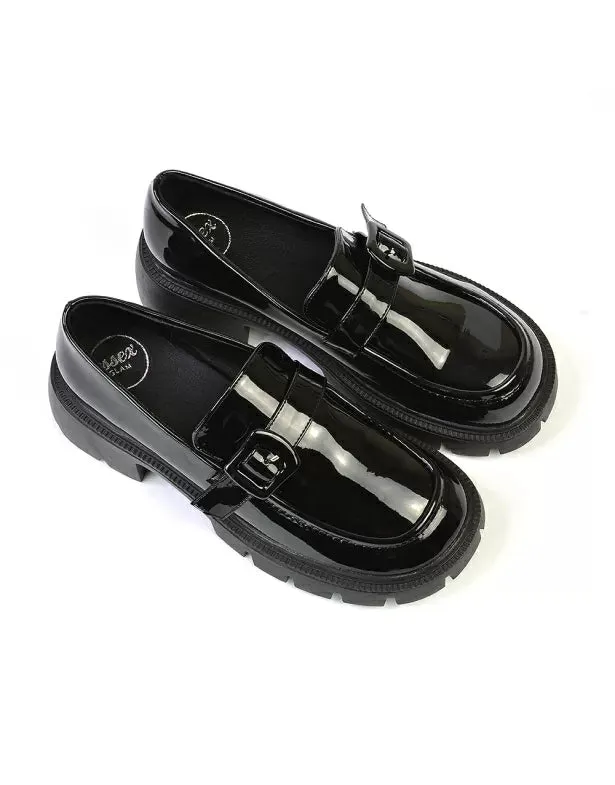 Adelaide School Shoes Buckle Chunky Platform Block Heel Loafers in Black Synthetic Leather