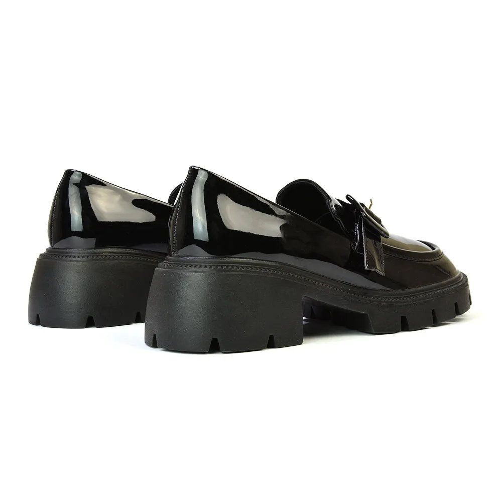 Adelaide School Shoes Buckle Chunky Platform Block Heel Loafers in Black Synthetic Leather