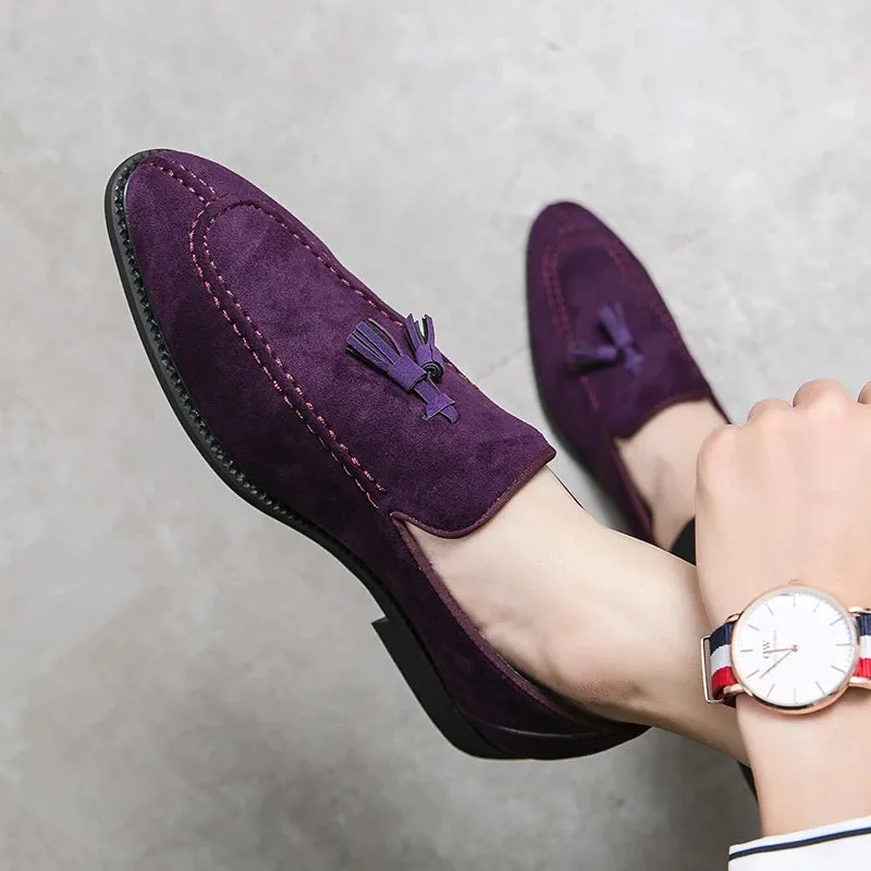 Advbridge  Brand Design Men Suede Leather Shoes Moccasins Purple Tassel Pointed Men's Loafers Vintage Slip-on Casual Men Social Dress Shoe