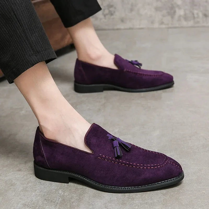 Advbridge  Brand Design Men Suede Leather Shoes Moccasins Purple Tassel Pointed Men's Loafers Vintage Slip-on Casual Men Social Dress Shoe