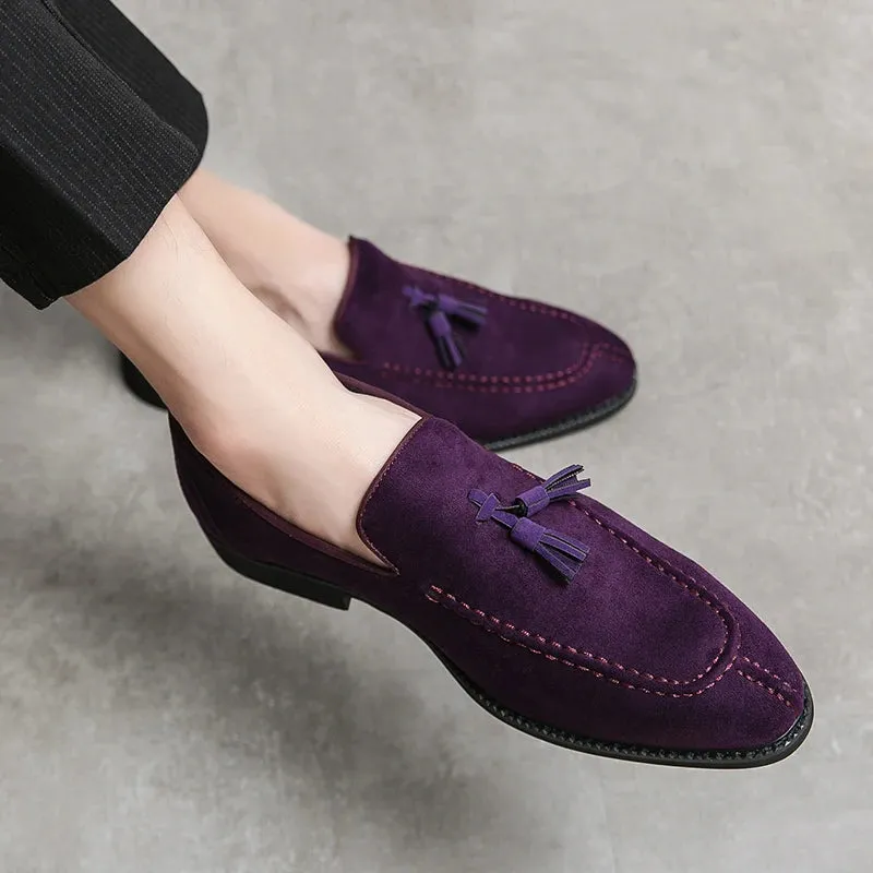 Advbridge  Brand Design Men Suede Leather Shoes Moccasins Purple Tassel Pointed Men's Loafers Vintage Slip-on Casual Men Social Dress Shoe