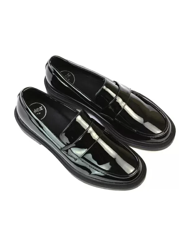 Alida Chunky Loafers Tassel Back To School Flat Shoes in Black Synthetic Leather