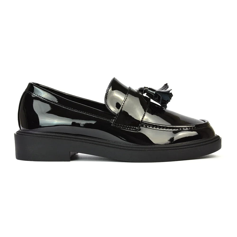 Alida Chunky Loafers Tassel Back To School Flat Shoes in Black Synthetic Leather