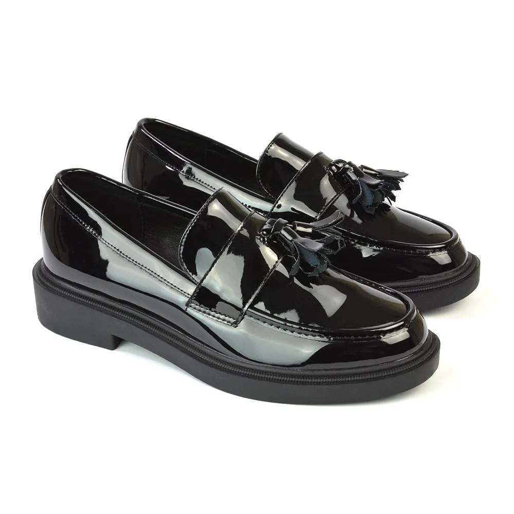 Alida Chunky Loafers Tassel Back To School Flat Shoes in Black Synthetic Leather