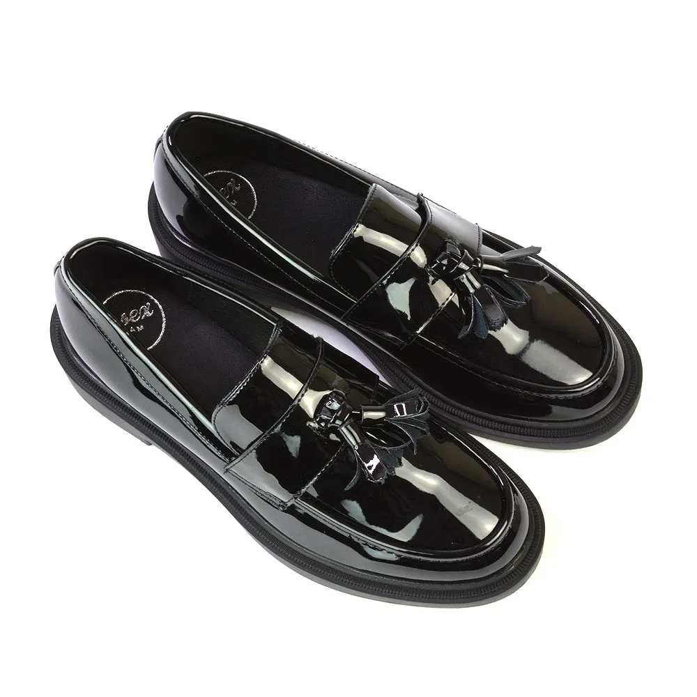 Alida Chunky Loafers Tassel Back To School Flat Shoes in Black Synthetic Leather