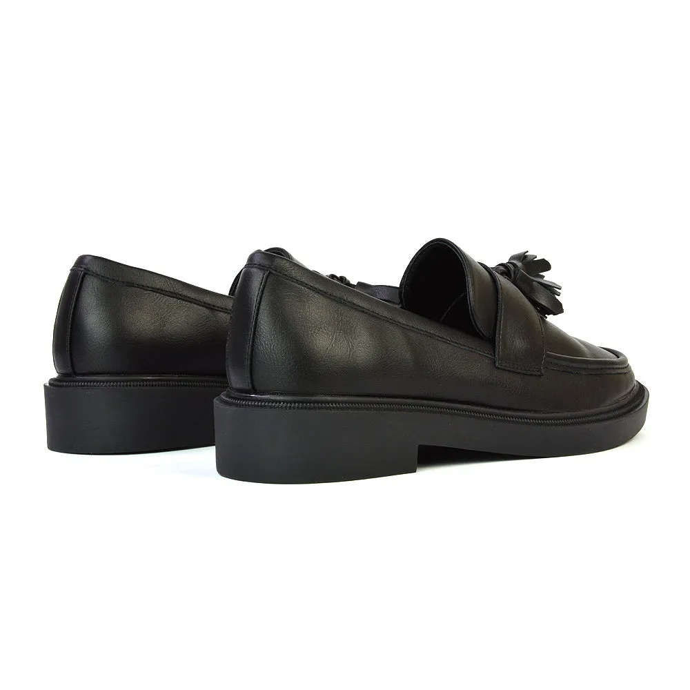 Alida Chunky Loafers Tassel Back To School Flat Shoes in Black Synthetic Leather