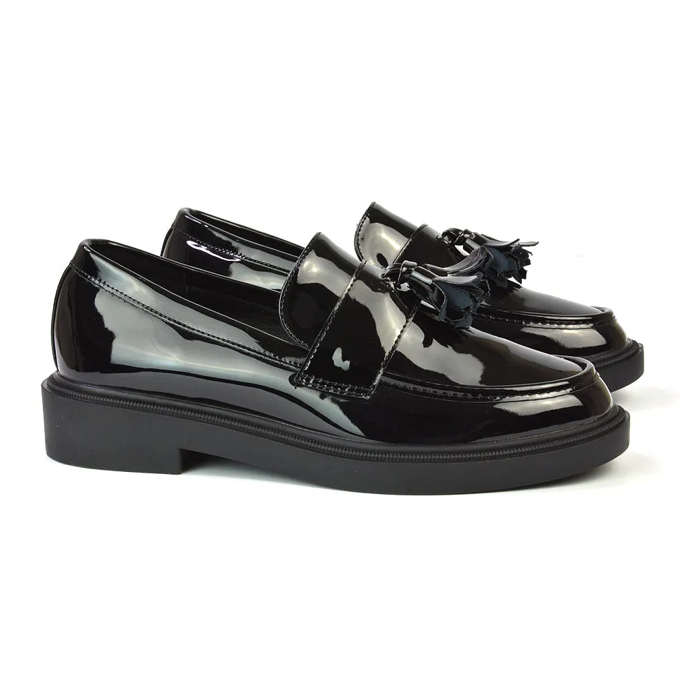 Alida Chunky Loafers Tassel Back To School Flat Shoes in Black Synthetic Leather