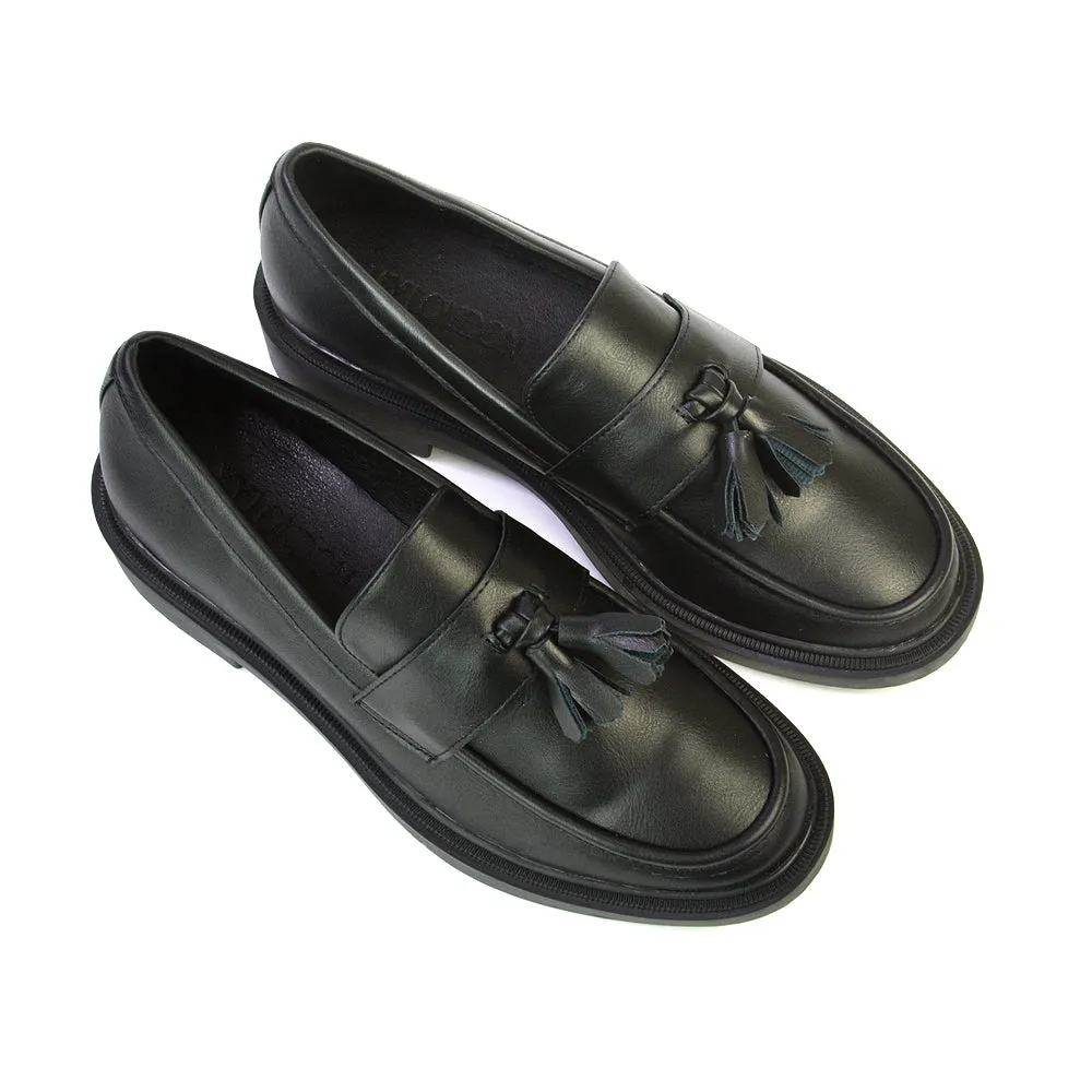 Alida Chunky Loafers Tassel Back To School Flat Shoes in Black Synthetic Leather