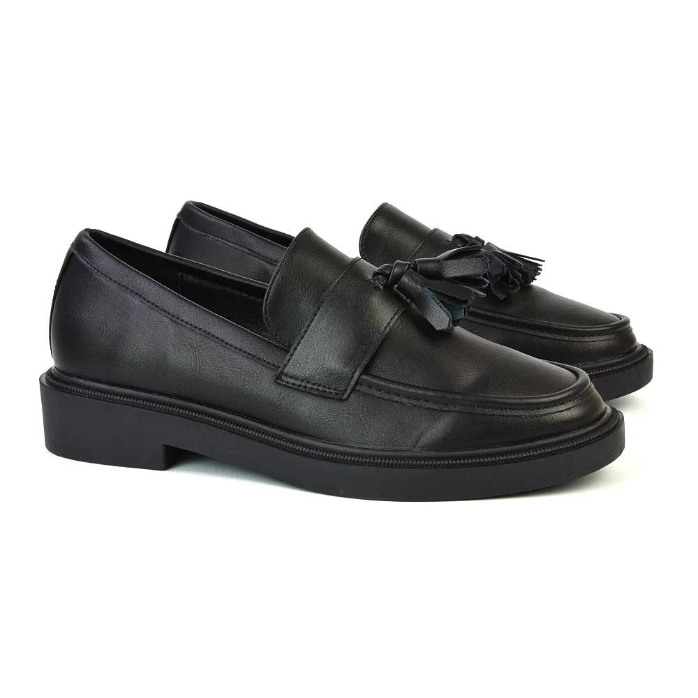 Alida Chunky Loafers Tassel Back To School Flat Shoes in Black Synthetic Leather