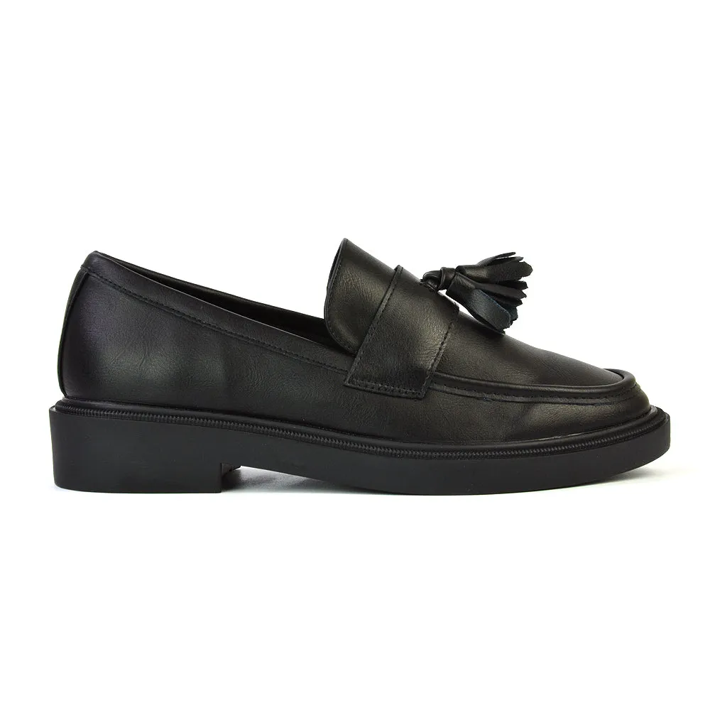 Alida Chunky Loafers Tassel Back To School Flat Shoes in Black Synthetic Leather