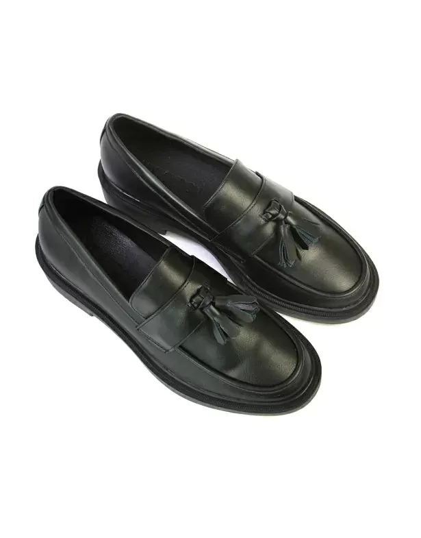 Alida Chunky Loafers Tassel Back To School Flat Shoes in Black Synthetic Leather