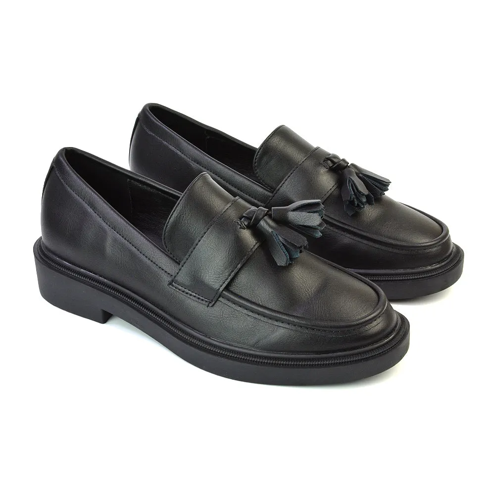 Alida Chunky Loafers Tassel Back To School Flat Shoes in Black Synthetic Leather