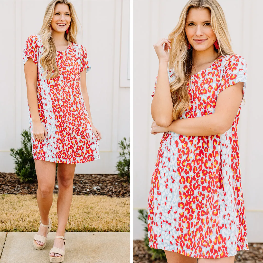 Clearly Bold Coral Pink Leopard Shift Dress