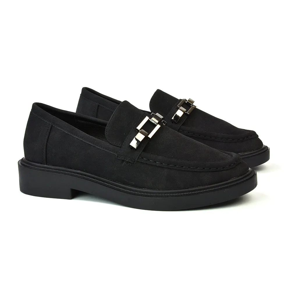 Dakoa Gold Chain Detail Back to School Shoes Chunky Loafers in Black Faux Suede