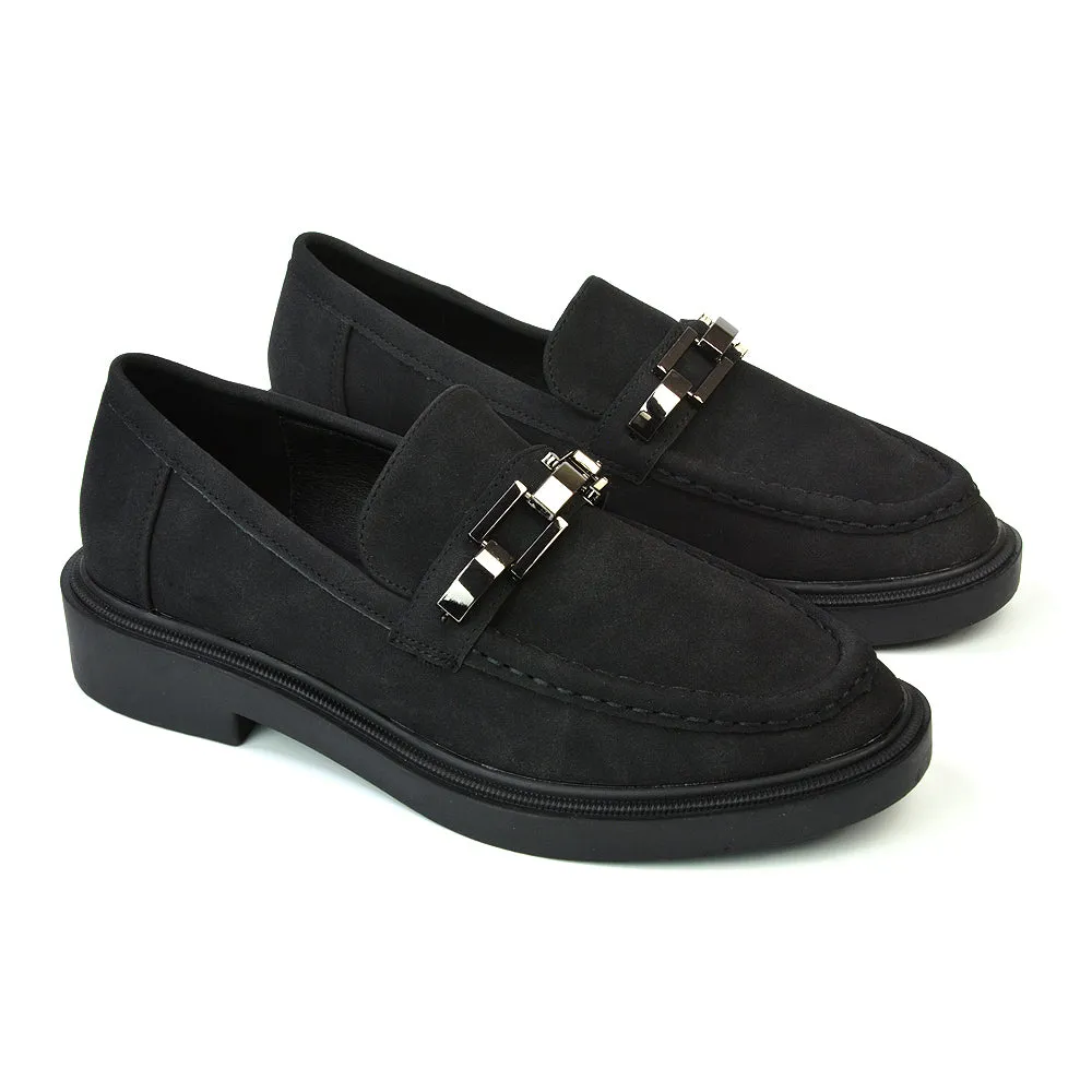 Dakoa Gold Chain Detail Back to School Shoes Chunky Loafers in Black Faux Suede