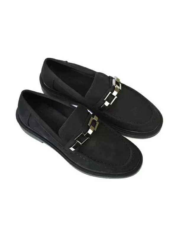 Dakoa Gold Chain Detail Back to School Shoes Chunky Loafers in Black Faux Suede