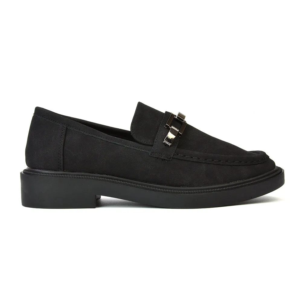 Dakoa Gold Chain Detail Back to School Shoes Chunky Loafers in Black Faux Suede