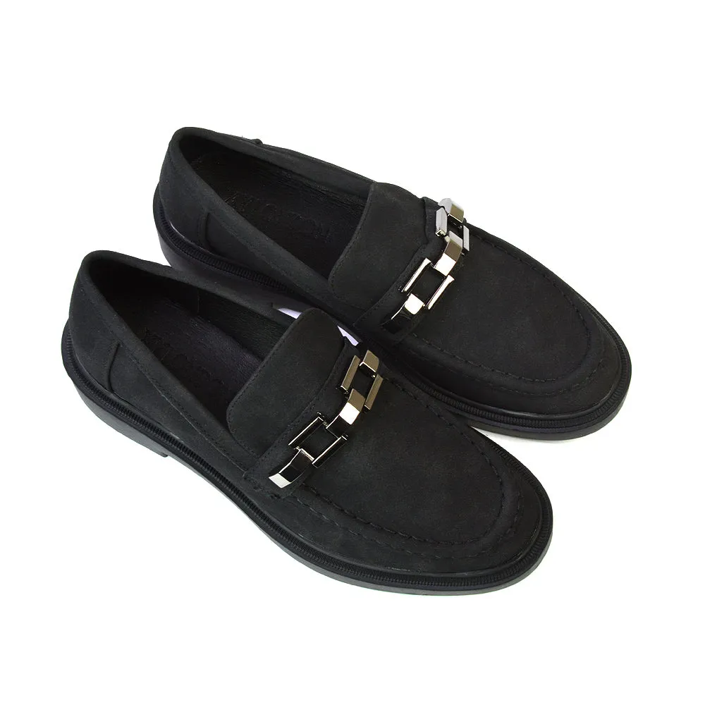 Dakoa Gold Chain Detail Back to School Shoes Chunky Loafers in Black Faux Suede