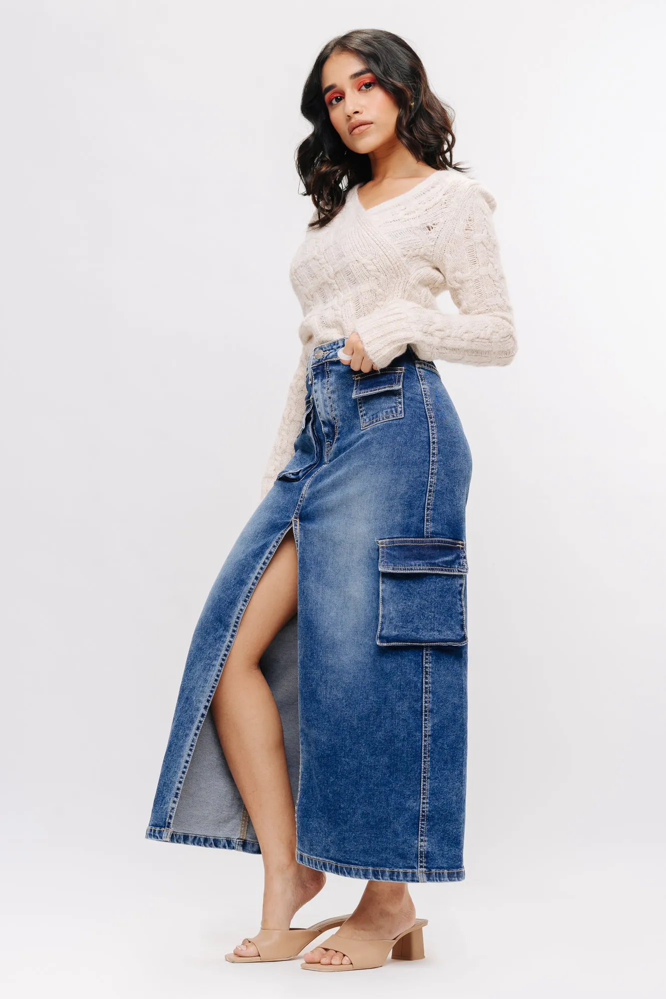 Denim Cargo Midi Skirt