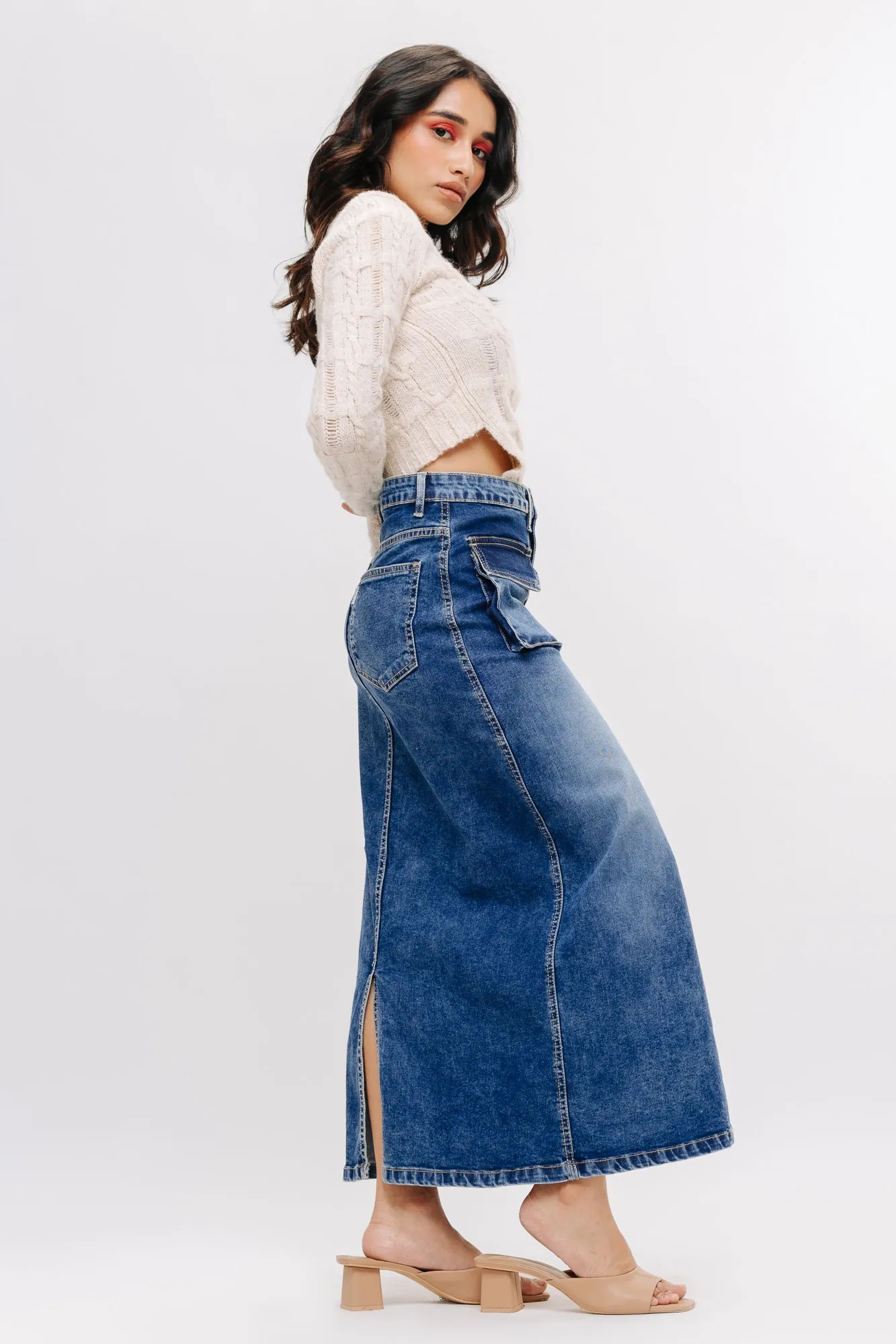 Denim Cargo Midi Skirt