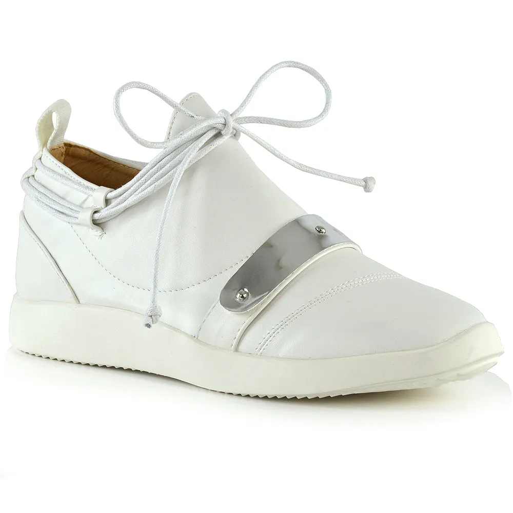 EVANESCENCE LACE UP FLAT RUBBER SOLE SLIP ON TRAINERS IN WHITE SYNTHETIC LEATHER