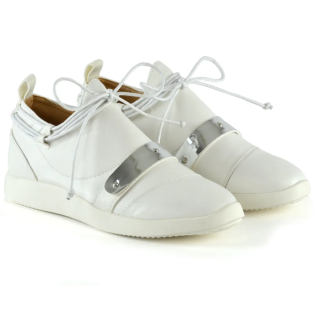 EVANESCENCE LACE UP FLAT RUBBER SOLE SLIP ON TRAINERS IN WHITE SYNTHETIC LEATHER