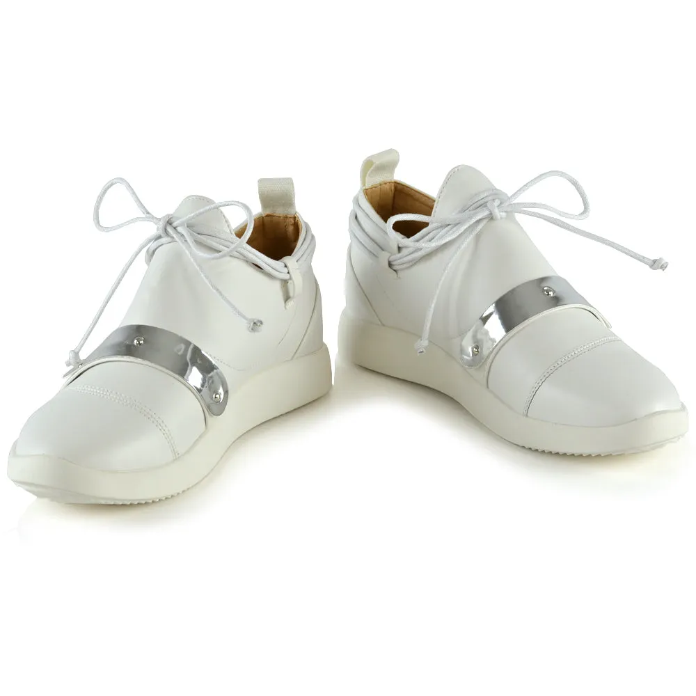 EVANESCENCE LACE UP FLAT RUBBER SOLE SLIP ON TRAINERS IN WHITE SYNTHETIC LEATHER