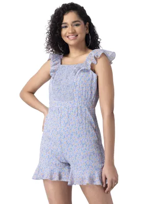 FabAlley Womens Powder Blue Floral Smocked Ruffled Playsuit Jumpsuits, Blue, XL