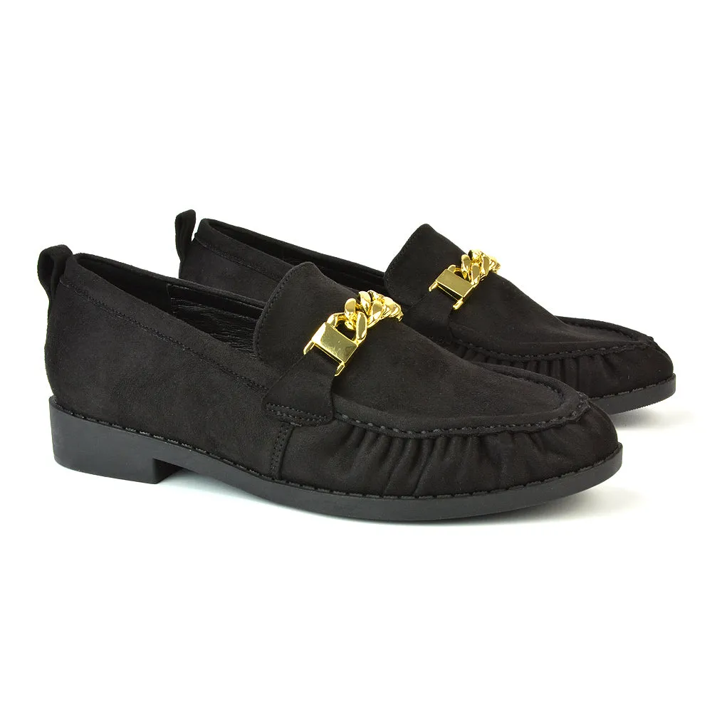 Heidi Chain Detail Ruched Loafer Back to School Shoes in Black Faux Suede