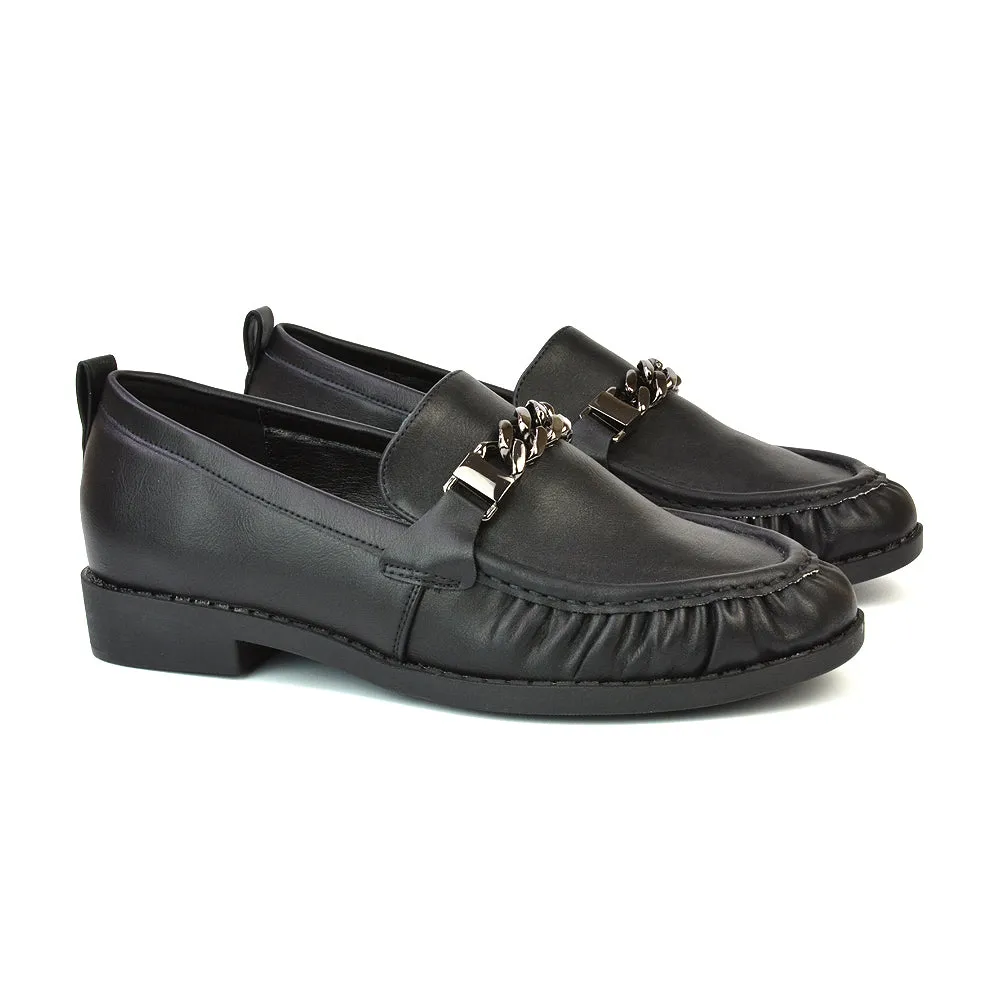 Heidi Chain Detail Ruched Loafer Back to School Shoes in Black Synthetic Leather