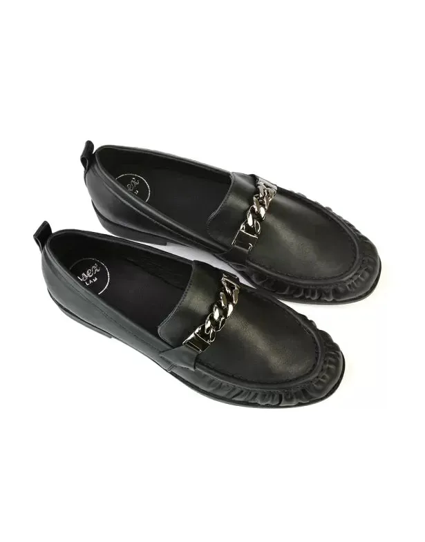 Heidi Chain Detail Ruched Loafer Back to School Shoes in Black Synthetic Leather