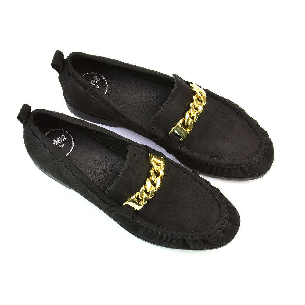 Heidi Chain Detail Ruched Loafer Back to School Shoes in Black Synthetic Leather