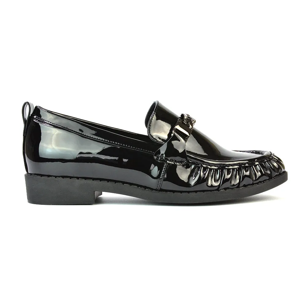 Heidi Chain Detail Ruched Loafer Back to School Shoes in Black Synthetic Leather