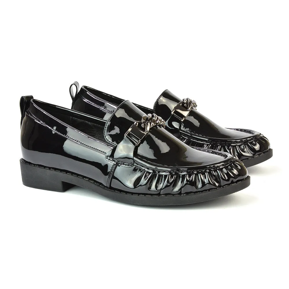 Heidi Chain Detail Ruched Loafer Back to School Shoes in Black Synthetic Leather