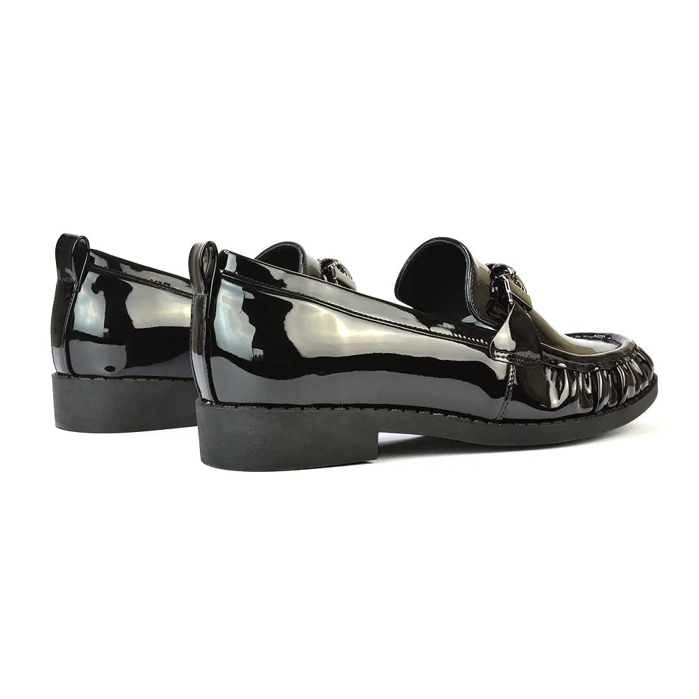 Heidi Chain Detail Ruched Loafer Back to School Shoes in Black Synthetic Leather