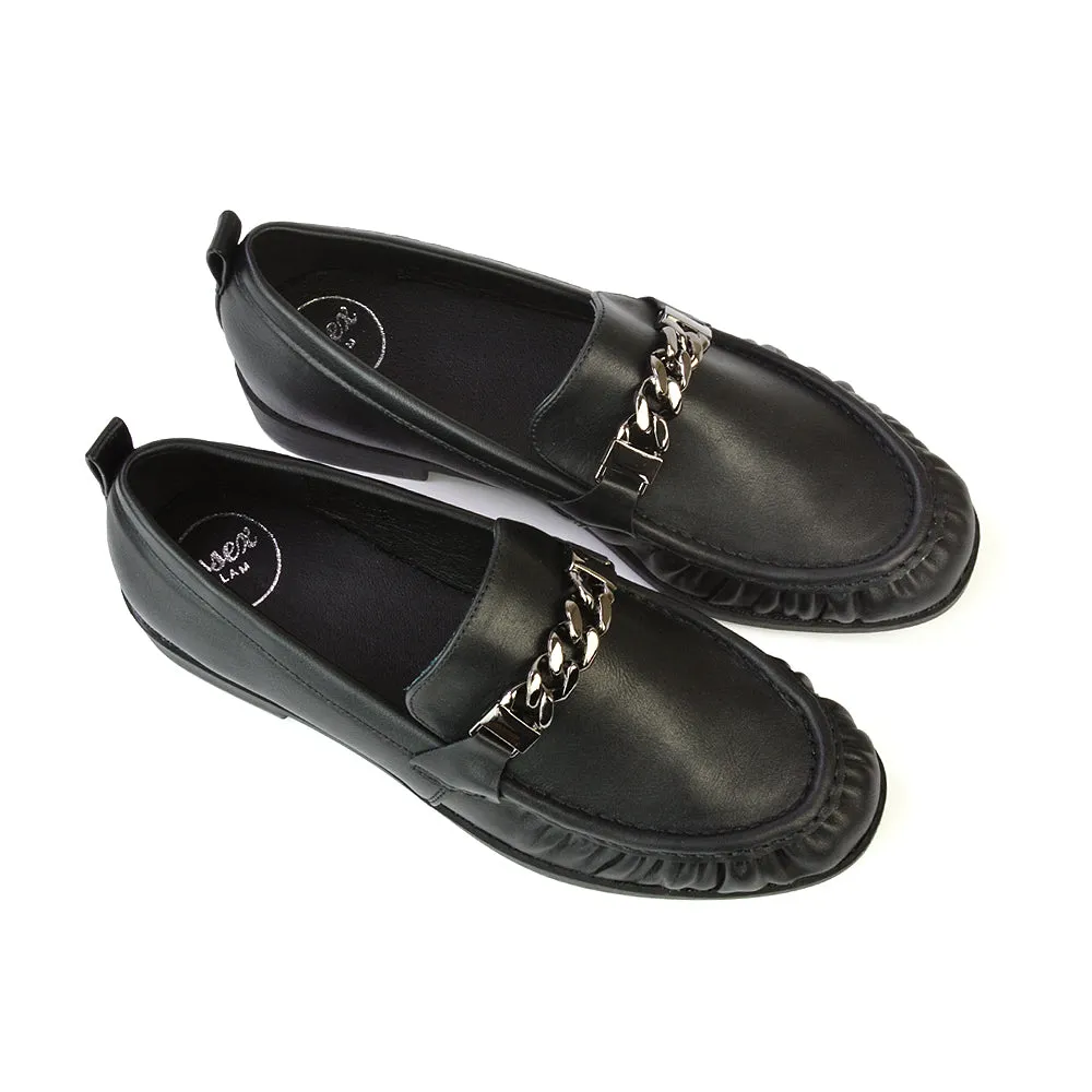 Heidi Chain Detail Ruched Loafer Back to School Shoes in Black Synthetic Leather