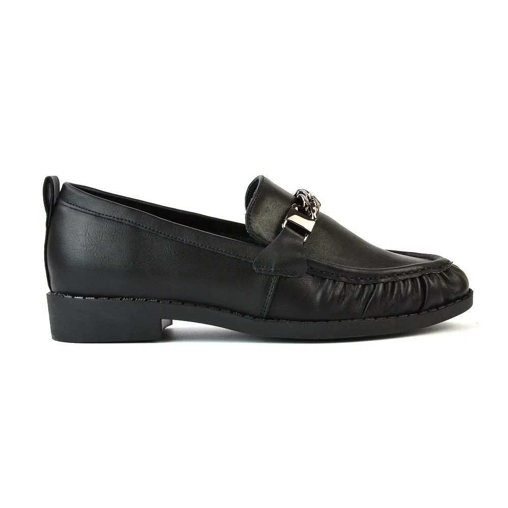 Heidi Chain Detail Ruched Loafer Back to School Shoes in Black Synthetic Leather