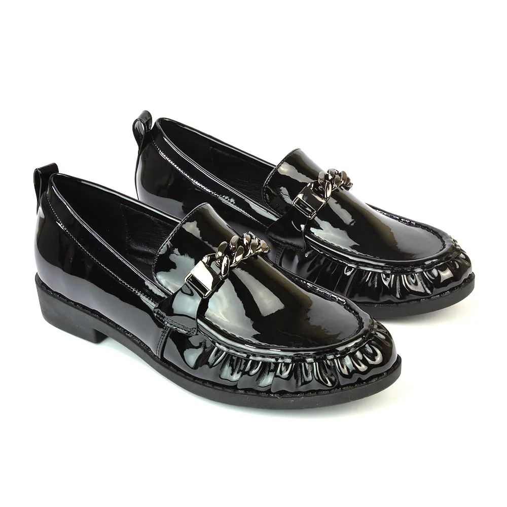 Heidi Chain Detail Ruched Loafer Back to School Shoes in Black Synthetic Leather