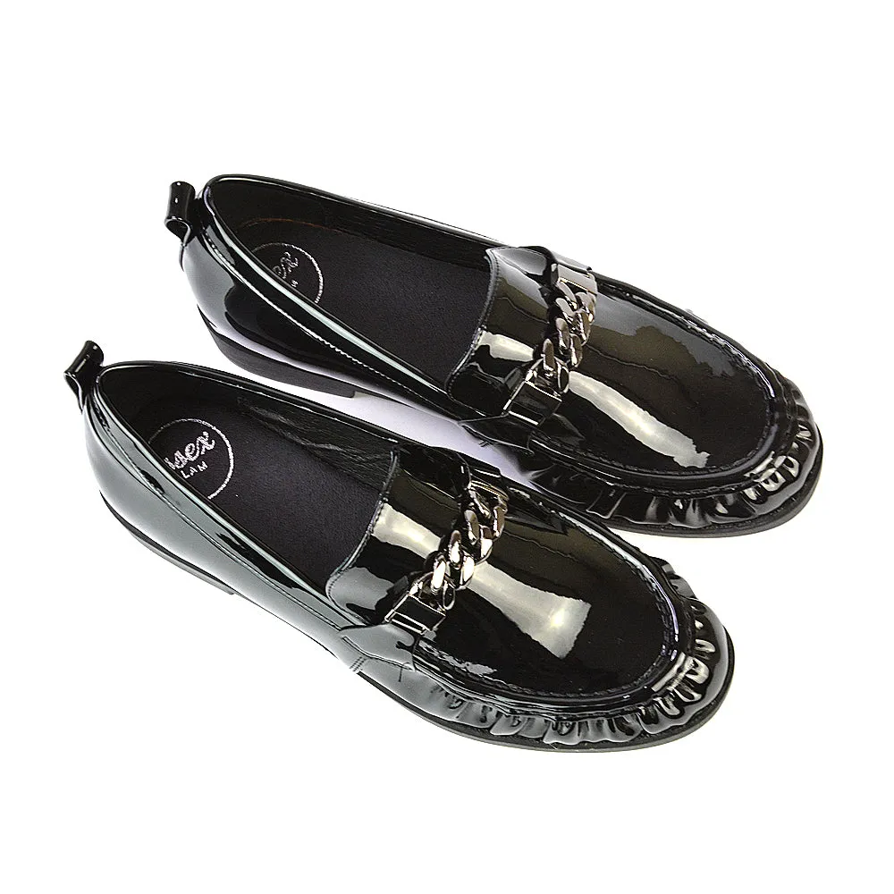 Heidi Chain Detail Ruched Loafer Back to School Shoes in Black Synthetic Leather