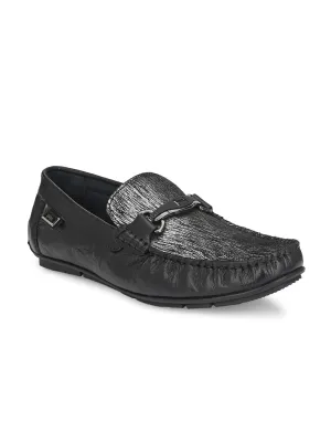 Hitz Men's Black Leather Slip-On Party Wear Laofer Shoes