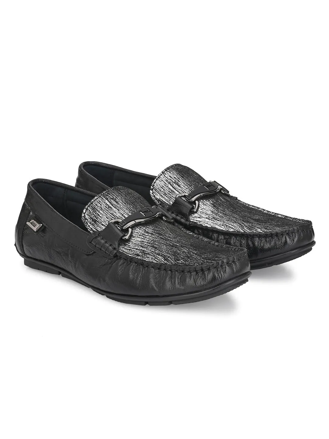 Hitz Men's Black Leather Slip-On Party Wear Laofer Shoes