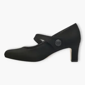 Jana Black Faux Suede Wide Fit Court Shoes with Velcro Strap