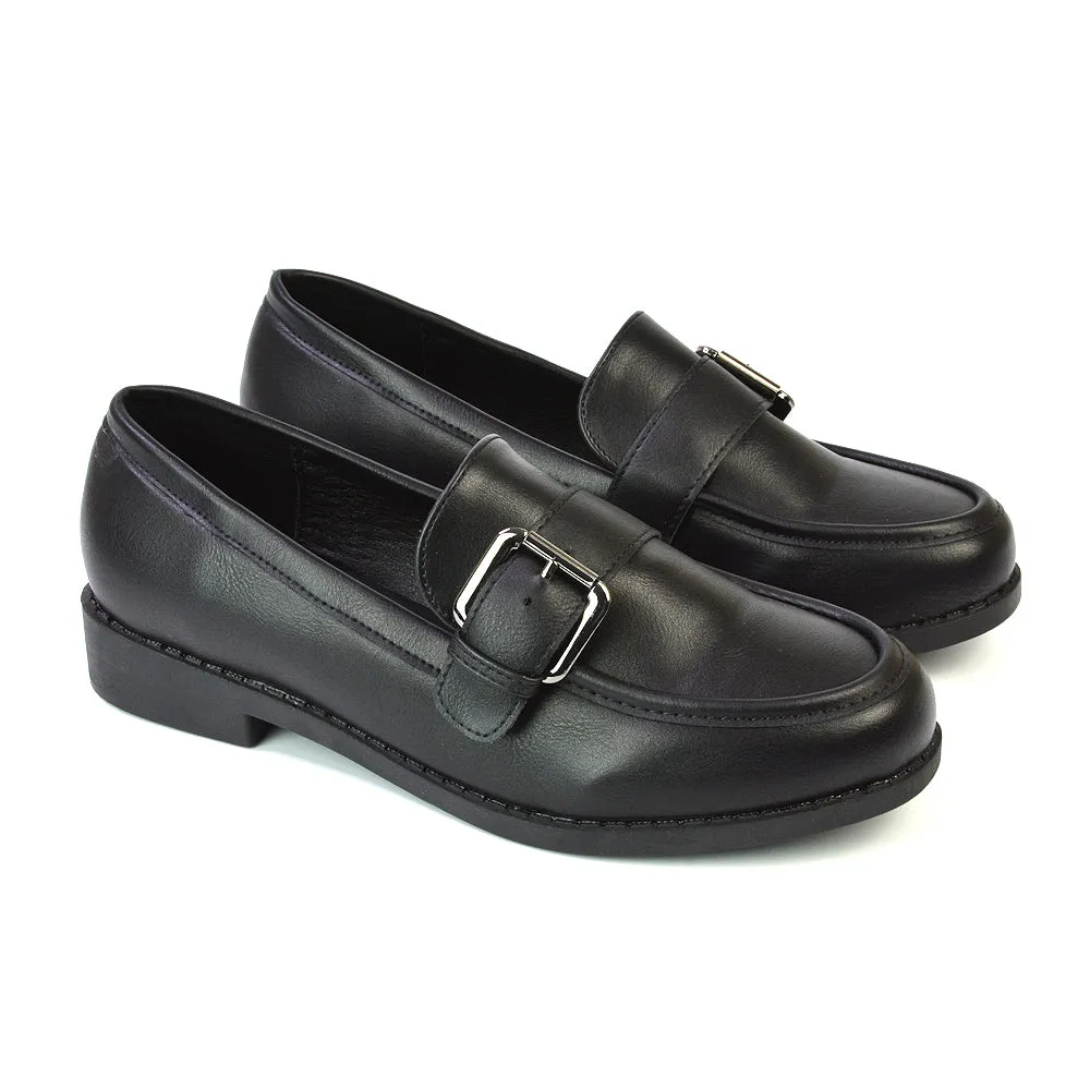 Kali Buckle Up School Shoes Loafers With Chunky Soles in Black Synthetic Leather