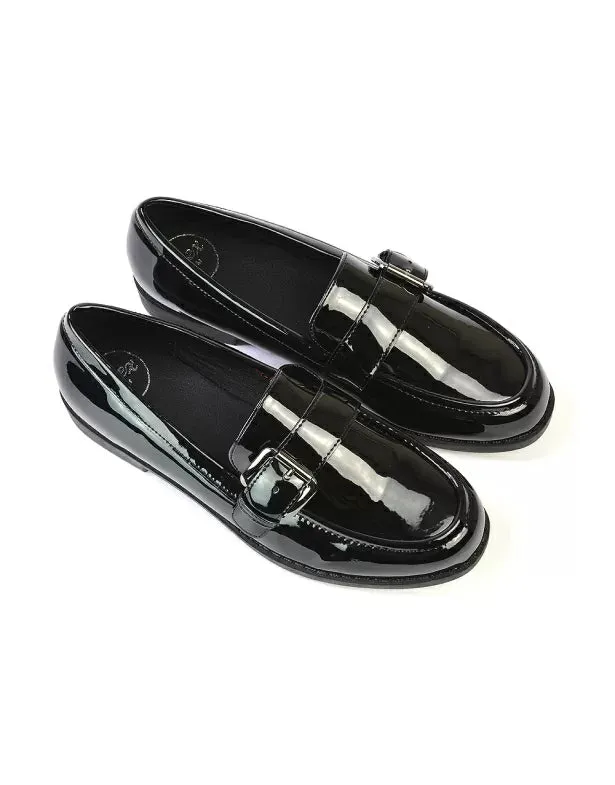 Kali Buckle Up School Shoes Loafers With Chunky Soles in Black Synthetic Leather